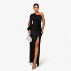 Asymmetric One-Shoulder Satin Dress with Front Knot