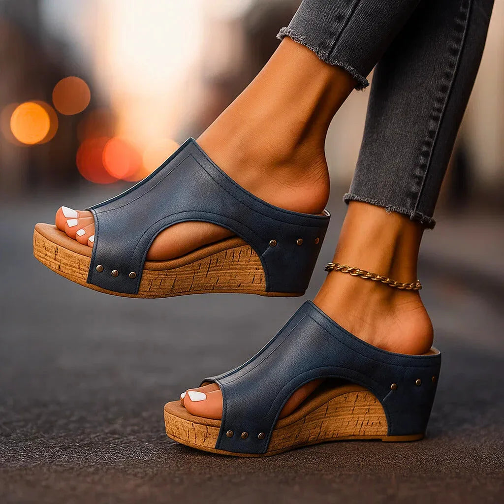 Cork Effect Wedge Sandals with Open Sided Slip On