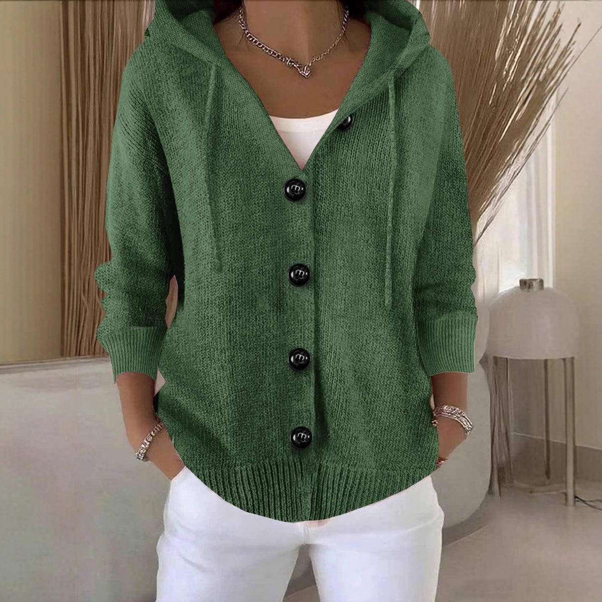 Hooded Knit Cardigan with Front Buttons
