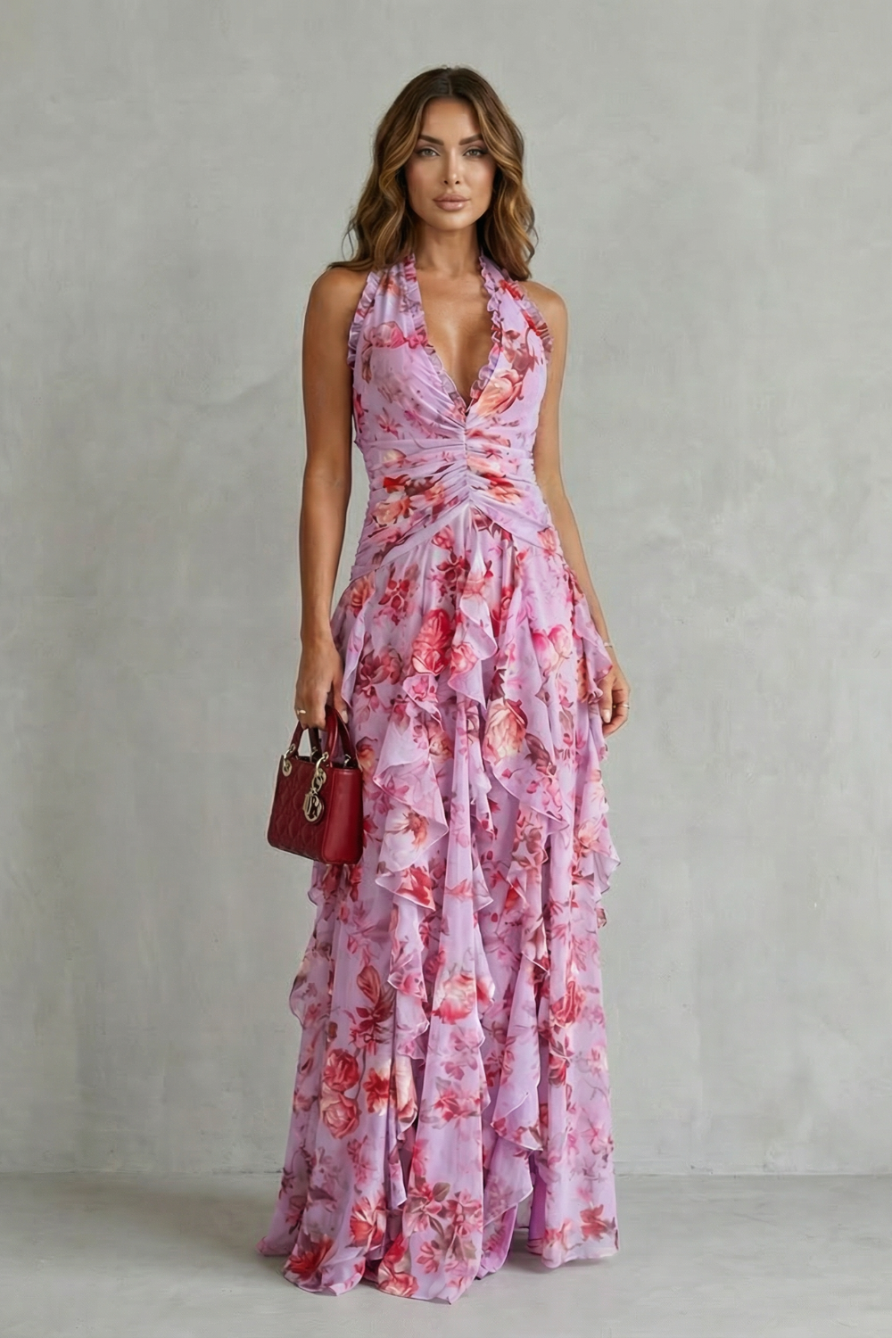 Floral Halter Maxi Dress with an Elegant Layered Detail