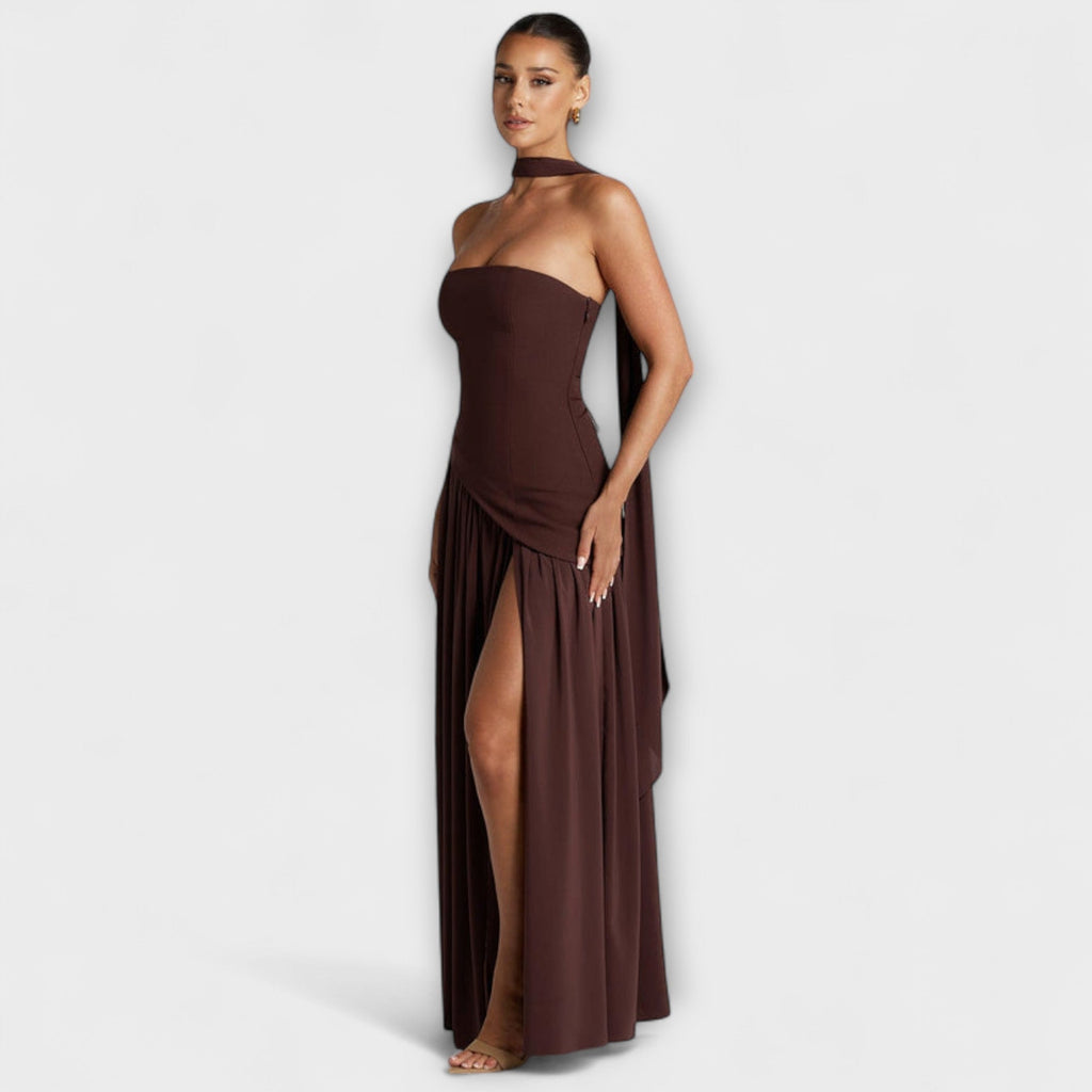 Strapless Maxi Dress with Contrast Bodice and Side Slit