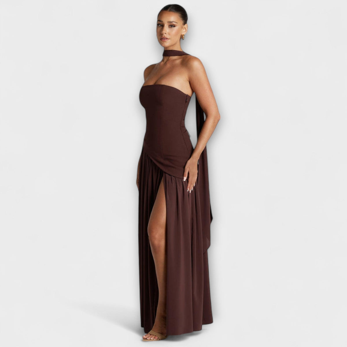 Strapless Maxi Dress with Contrast Bodice and Side Slit