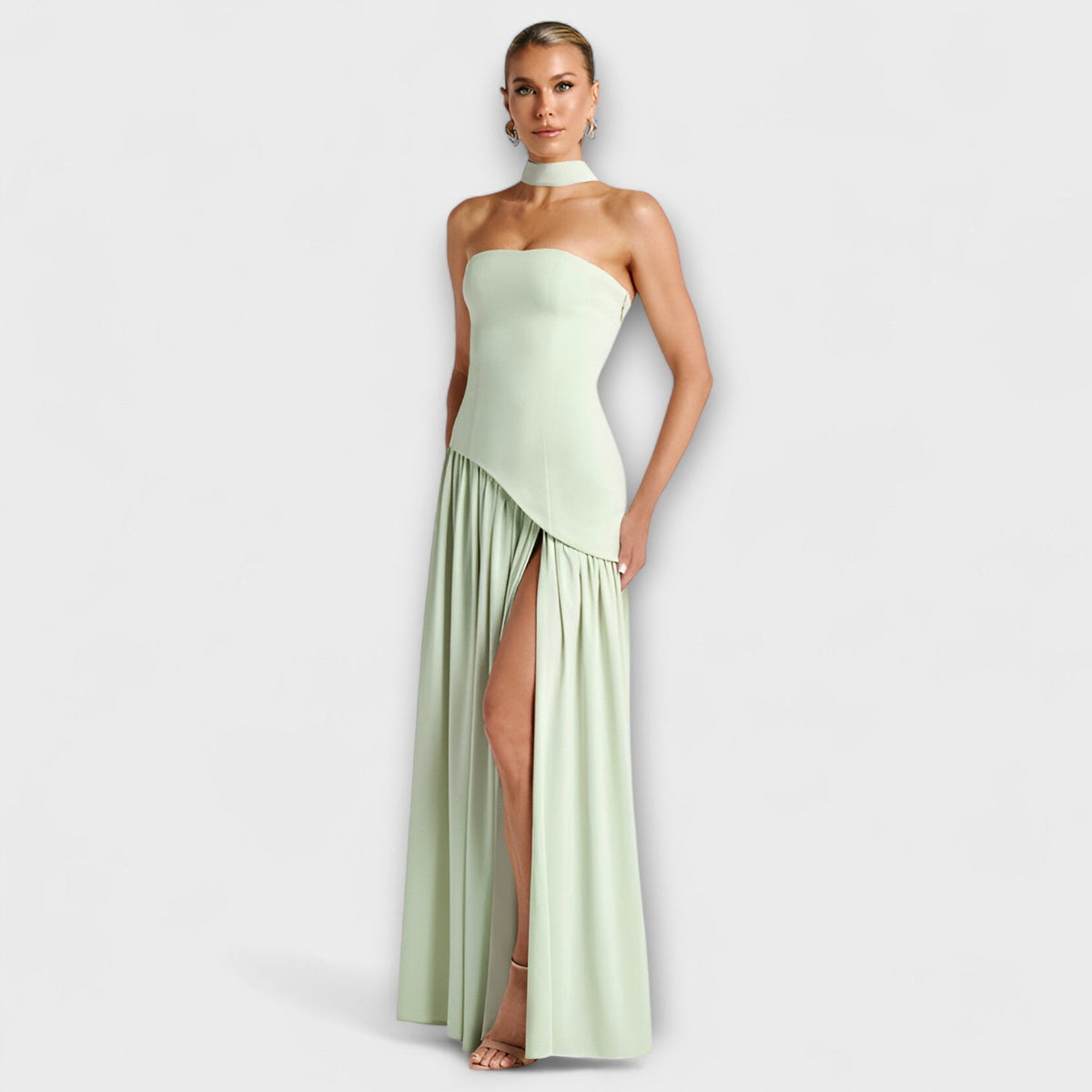 Strapless Maxi Dress with Contrast Bodice and Side Slit