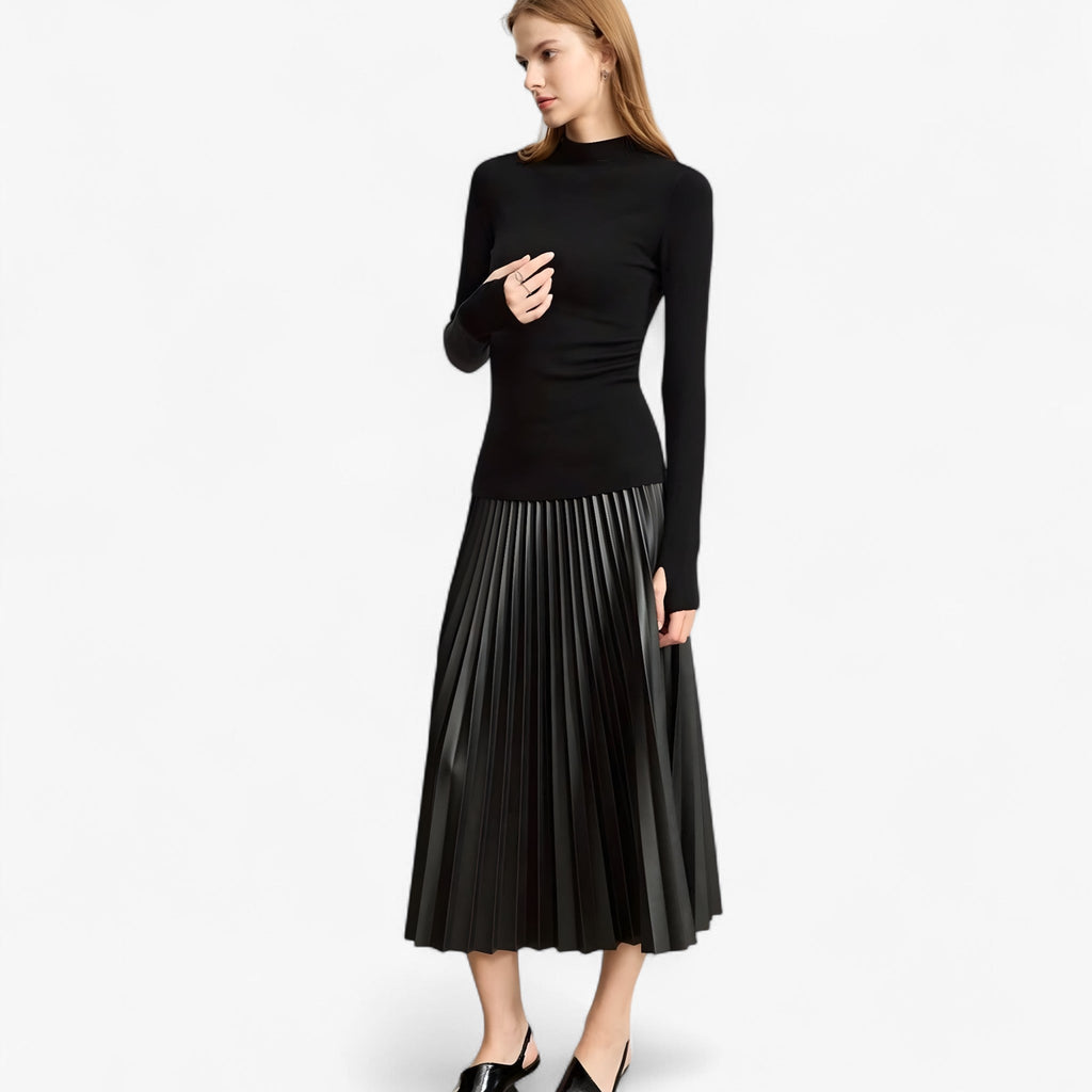 Pleated Eco-Leather Skirt with Elastic Waist for Day to Night