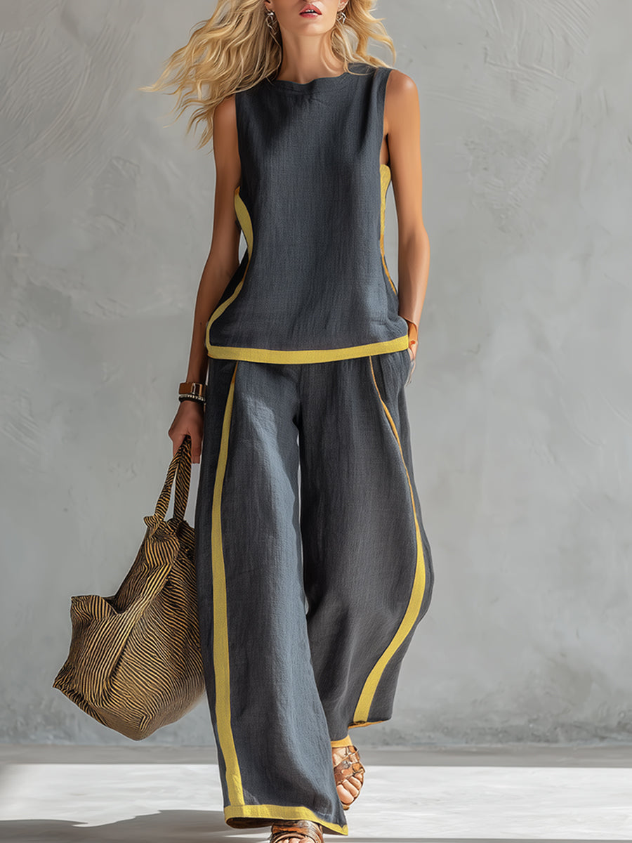 Checked Sleeveless Two Piece Set with Wide Leg Trousers