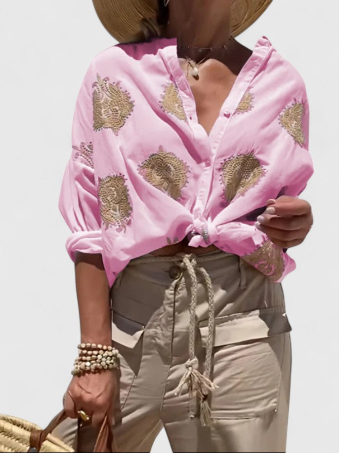 Embroidered Blouse with Roll Up Sleeves and Button Front