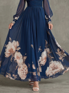 Pleated Maxi Dress with Sheer Sleeves and Ruched Bodice