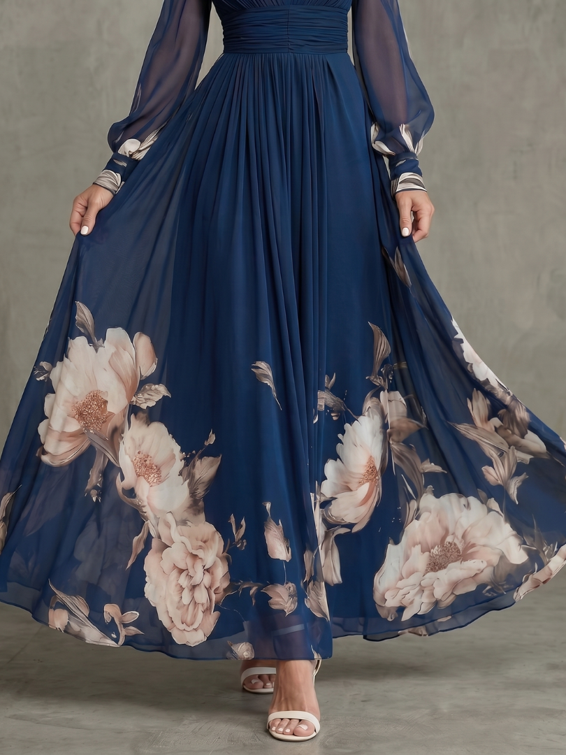 Pleated Maxi Dress with Sheer Sleeves and Ruched Bodice