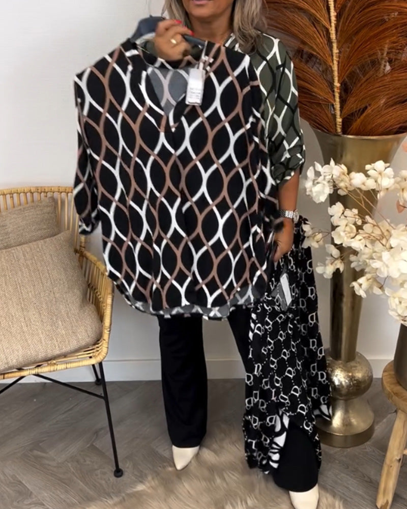 Geometric Print Blouse with V Neck and Long Sleeves