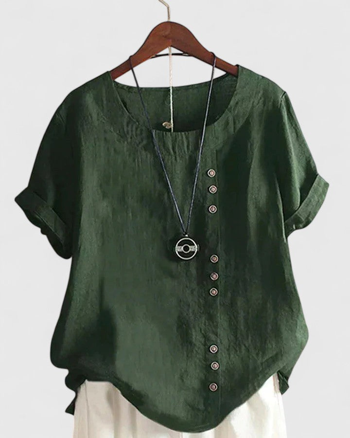 Short Sleeve Button Down Blouse with Round Neckline