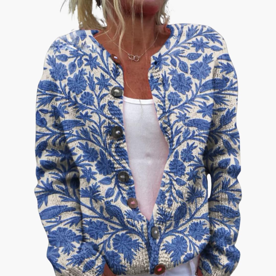 Floral Knit Cardigan with Button Up Front and Ribbed Hem