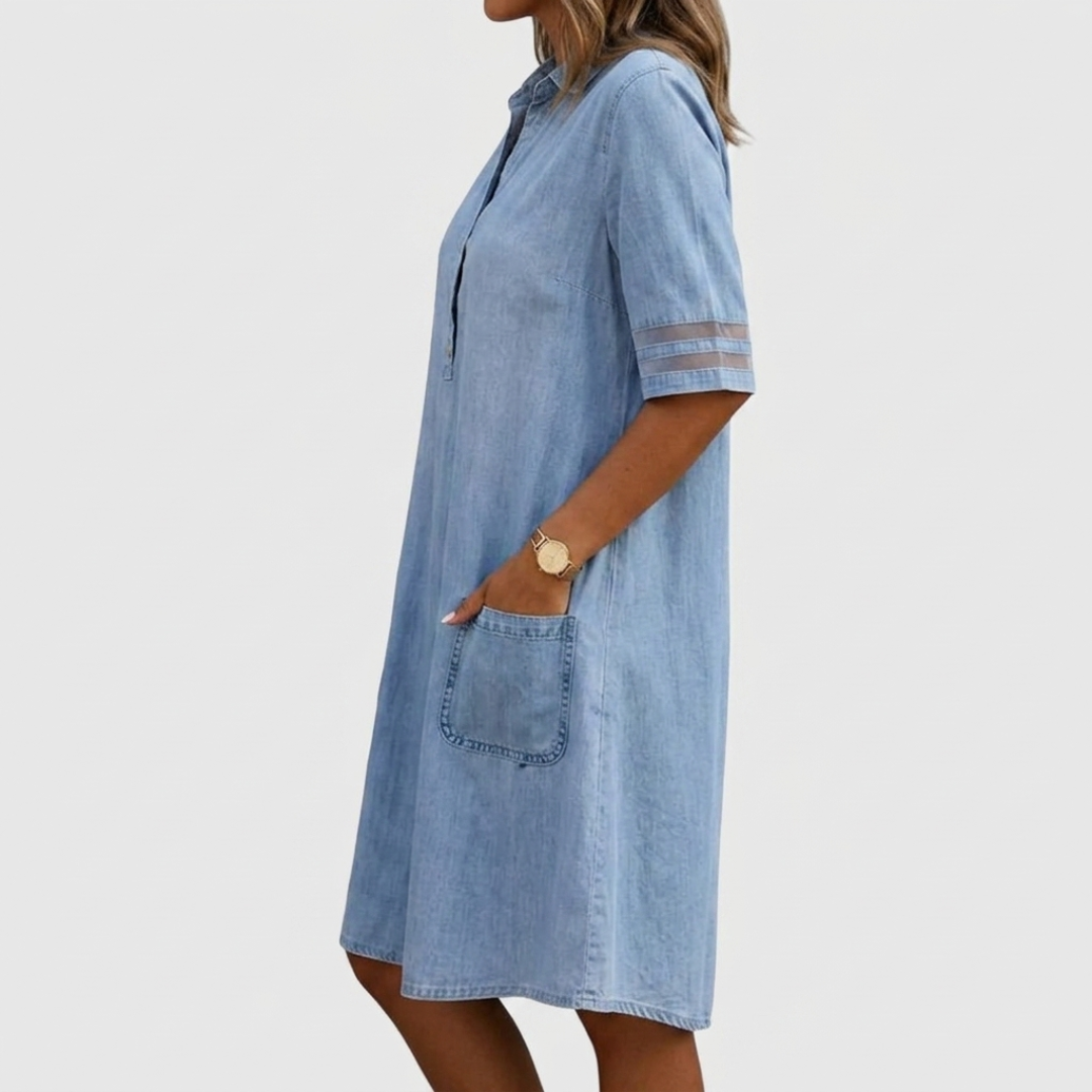 Vestido vaquero favorecedor con bolsillos de parche
