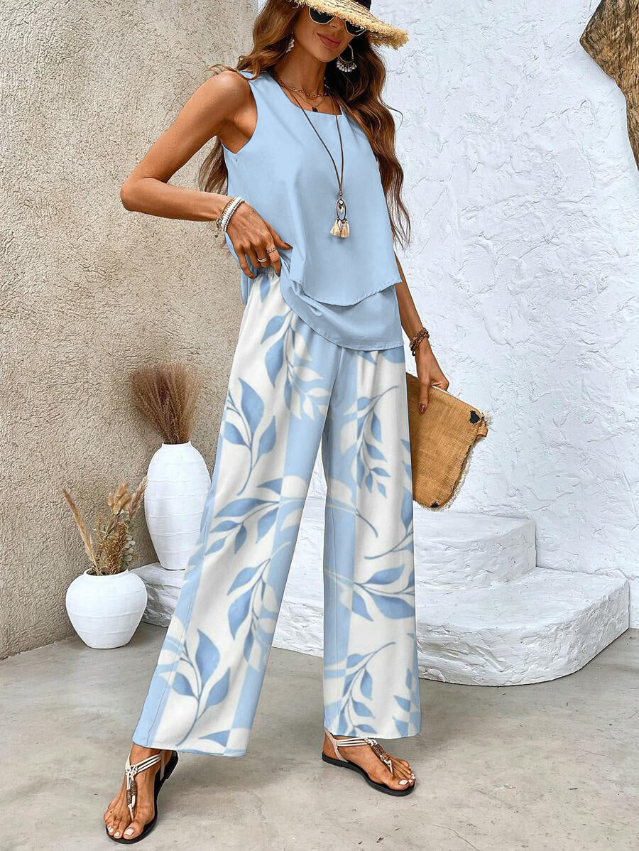 Flowing Two Piece Set with Wide Leg Trousers