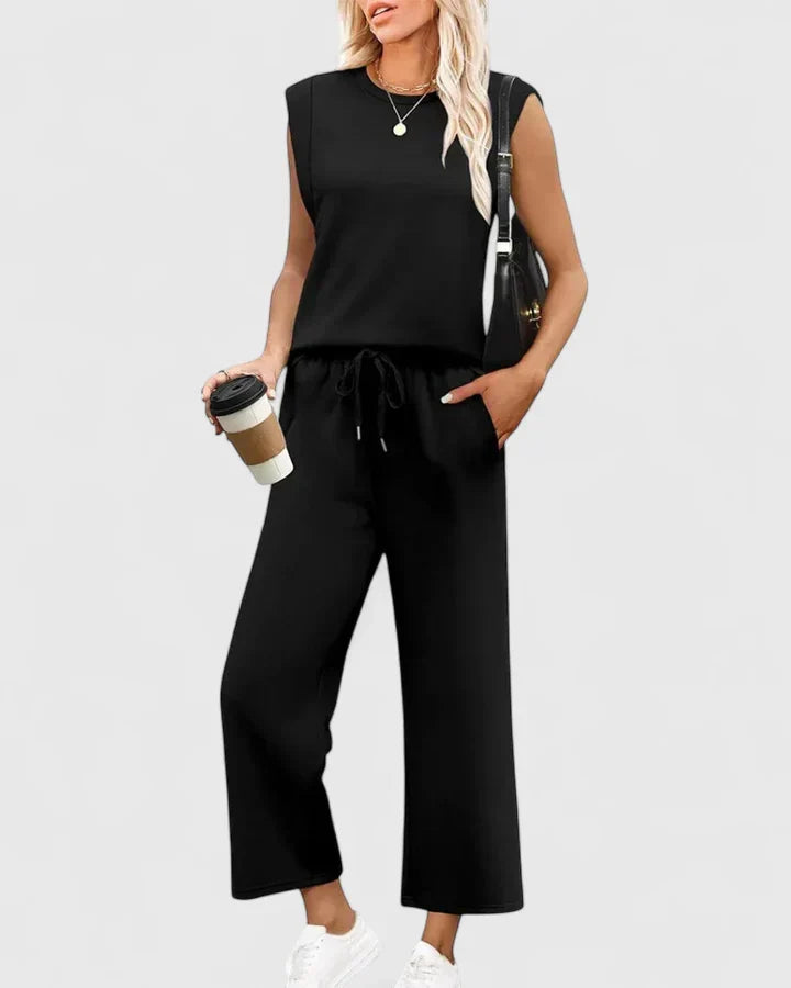 Sleeveless Two Piece Set with Wide Leg Trousers and Pockets