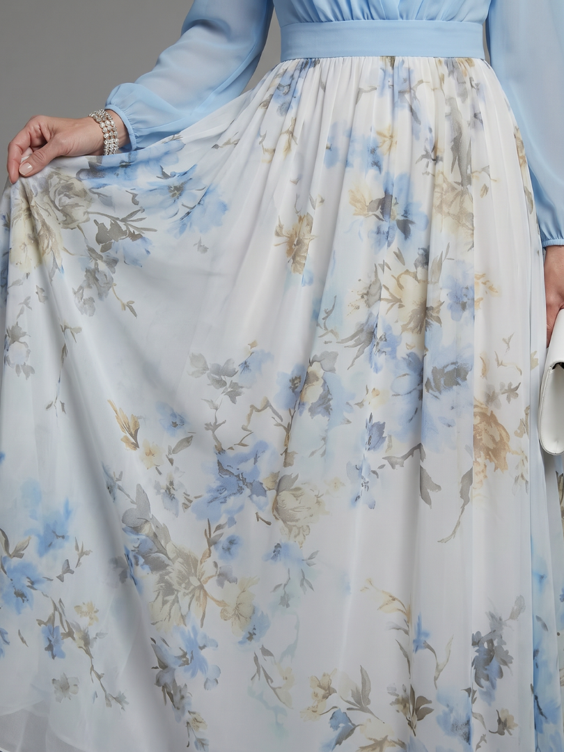 Floral Print Maxi Dress with Sheer Sleeves and V-Neck