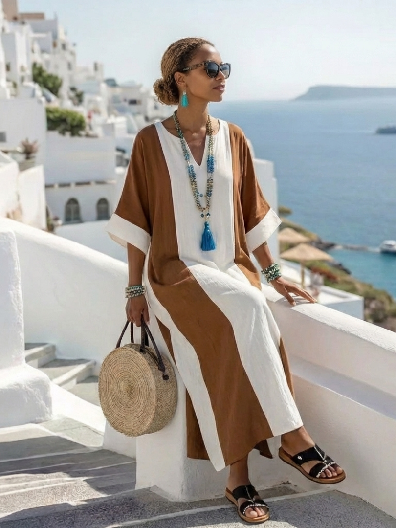 Colour Block Maxi Dress with Short Sleeves