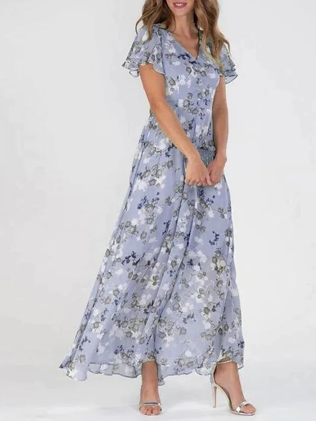 Floral Maxi Dress with V Neck and Short Sleeves