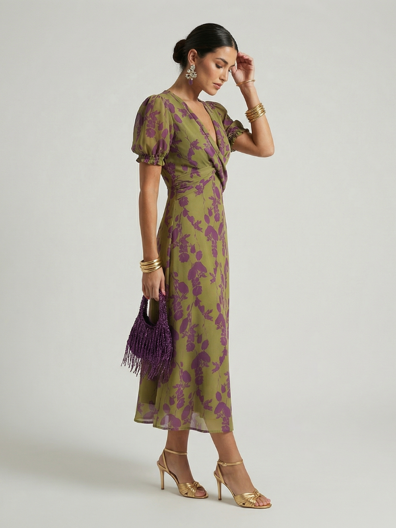Floral Midi Dress with Wrap Bodice and Short Sleeves