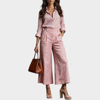 Linen Blend Two Piece Set with High Waisted Wide Leg Trousers