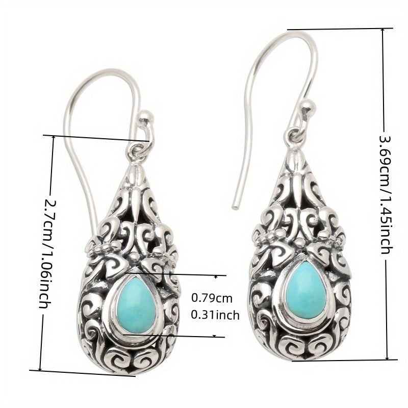 Teardrop Blue-Green Stone Drop Earrings in Silver Colour