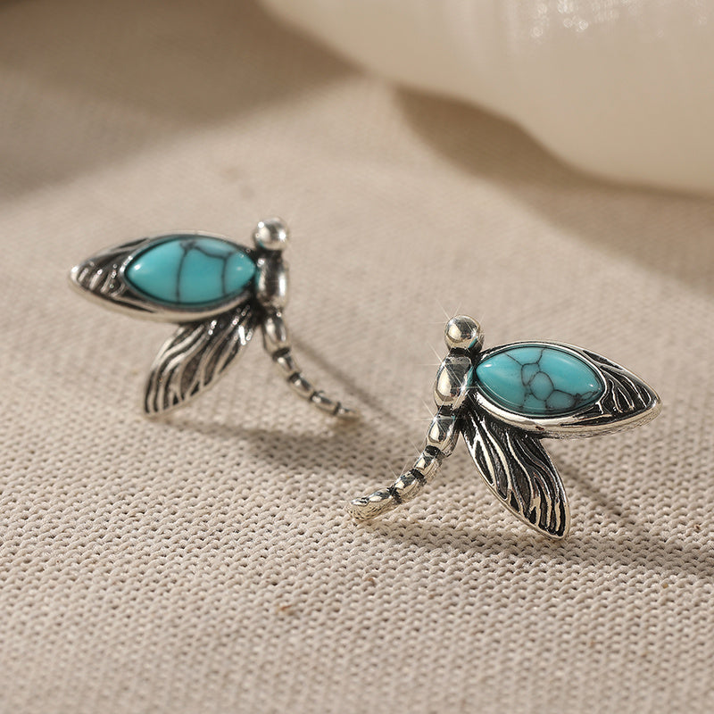 Blue-Green Stone Dragonfly Stud Earrings in Silver Colour