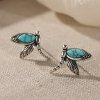 Blue-Green Stone Dragonfly Stud Earrings in Silver Colour