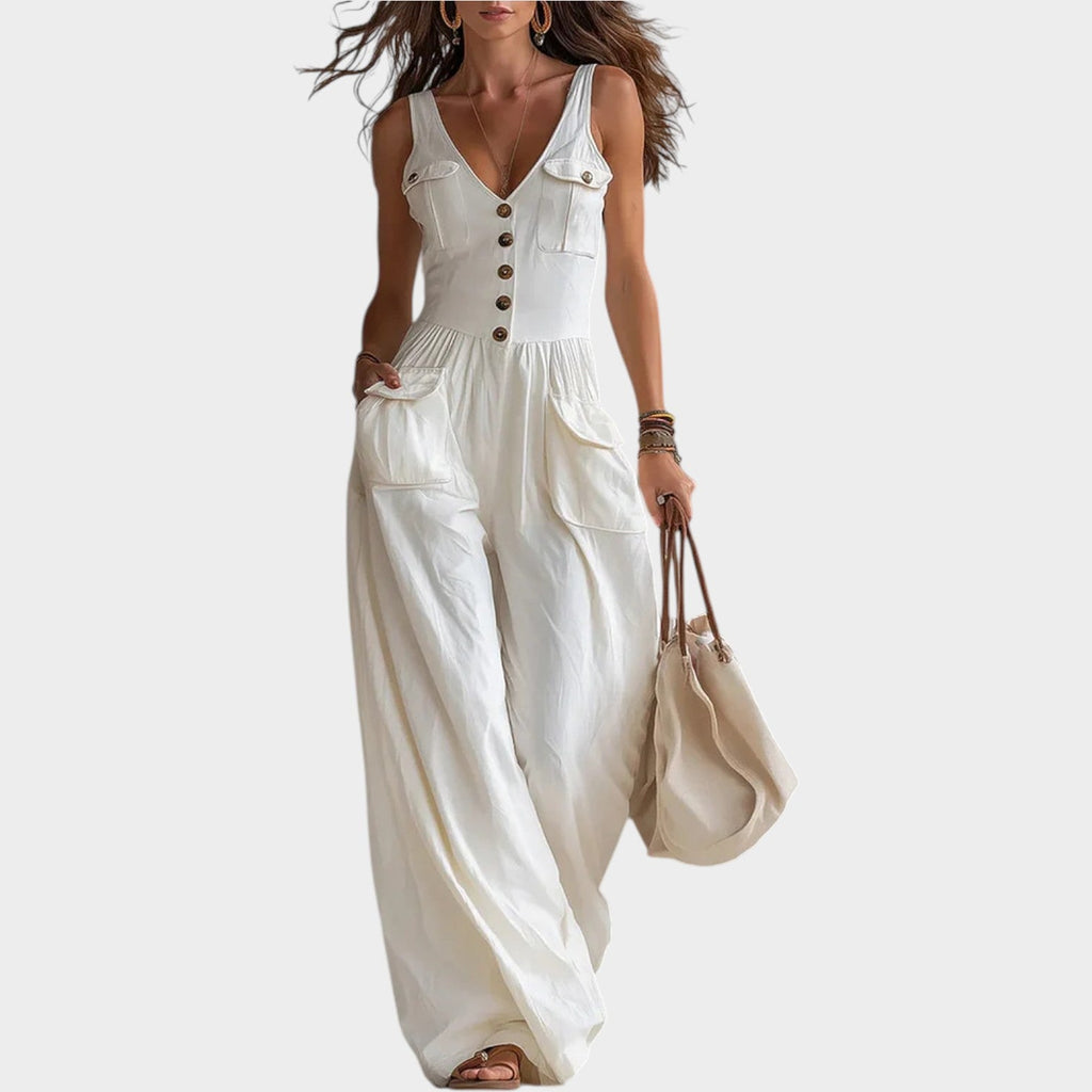 Button Front Wide Leg Jumpsuit with Deep V Neckline
