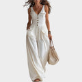 Button Front Wide Leg Jumpsuit with Deep V Neckline