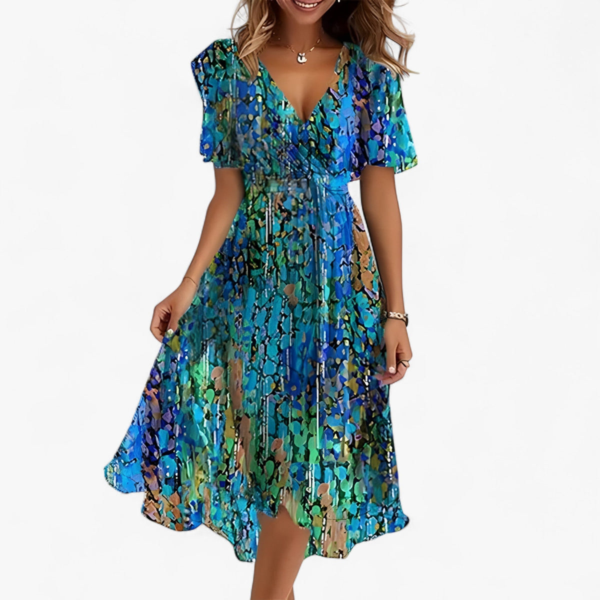 Neutral Floral Print Midi Dress with Flared Cut