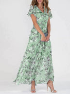 Floral Maxi Dress with V Neck and Short Sleeves