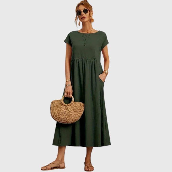 Casual Midi Dress with Short Sleeves and Pockets