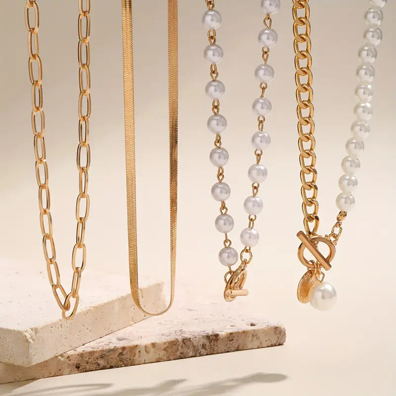 Vintage-Style Faux Pearl and Snake Chain Necklace Set in Gold Colour