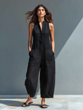 Sleeveless Jumpsuit with Pockets and Clean Line