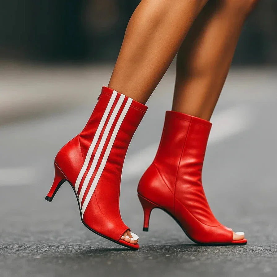 Patent Finish Heeled Boots with Stripe Detail