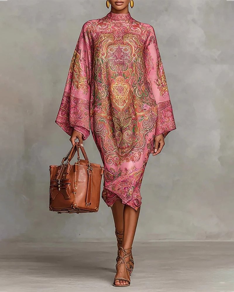High Neck Printed Dress with Ruched Detail