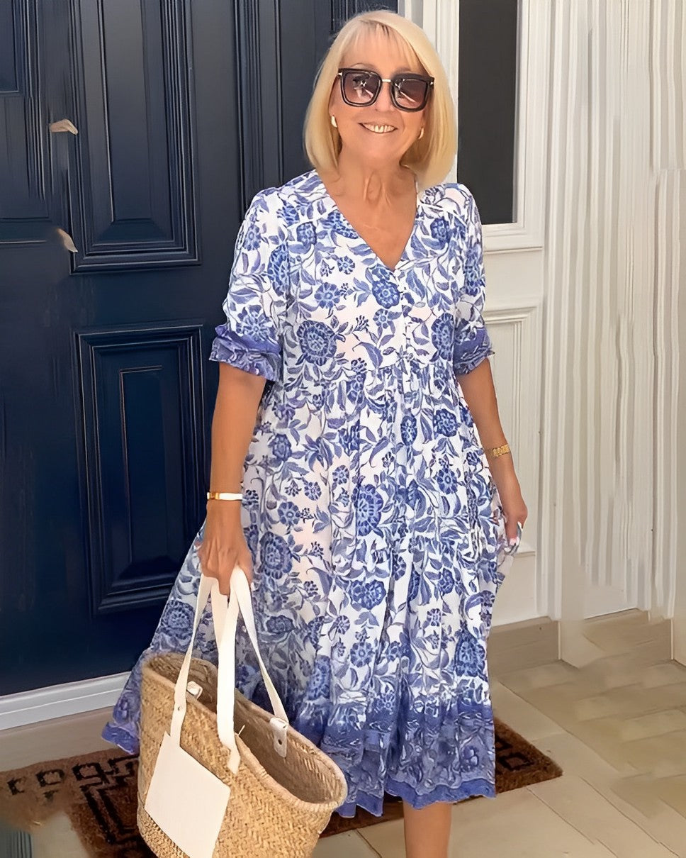 Floral V-Neck Dress with Soft Feminine Line