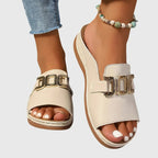 Open Toe Buckle Sandals with Gold Hardware