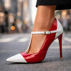 Patent Finish T-Strap Heels with Two Tone Design