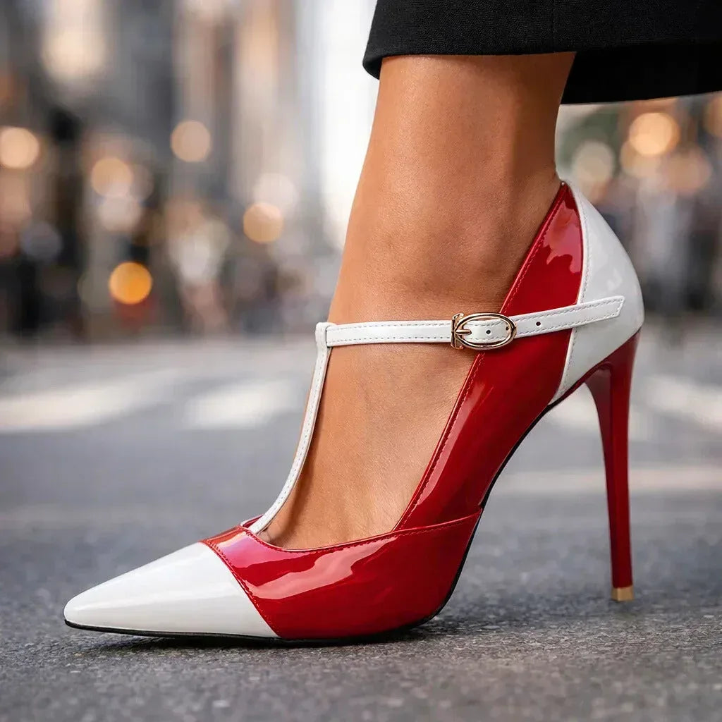 Patent Finish T-Strap Heels with Two Tone Design