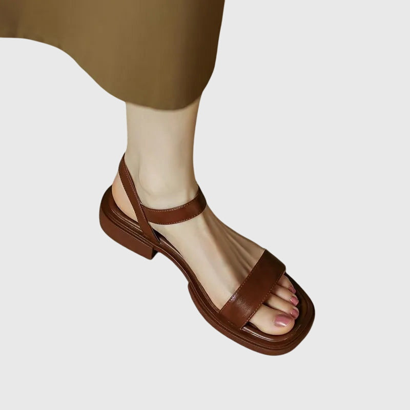 Leather Look Sandals with Block Heel and Cushioned Footbed