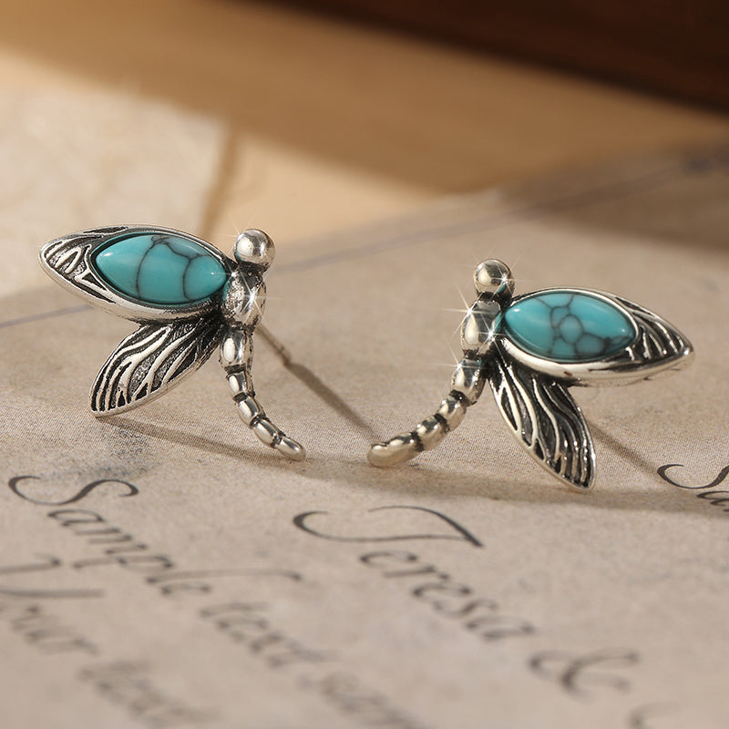 Blue-Green Stone Dragonfly Stud Earrings in Silver Colour