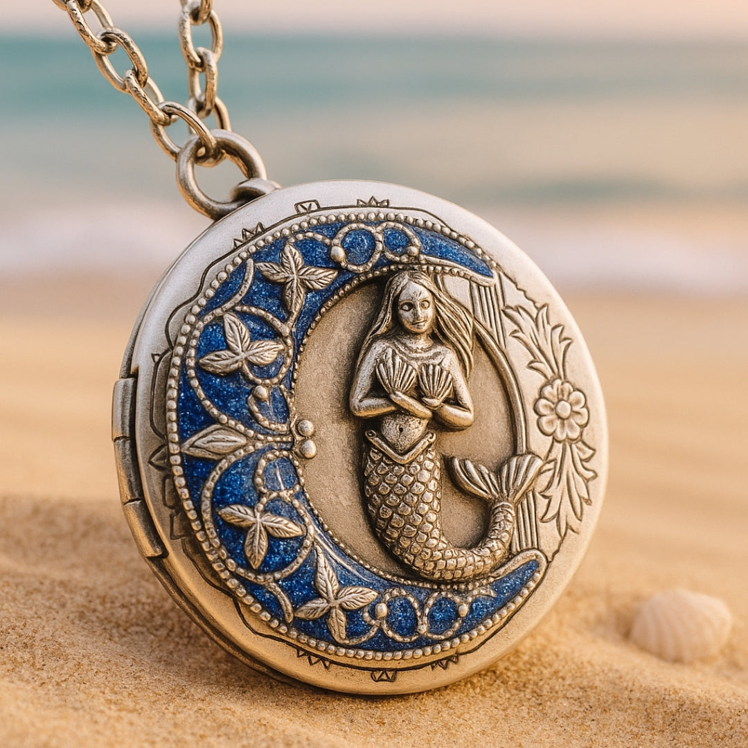 Mermaid and Moon Pendant Necklace in Silver Colour