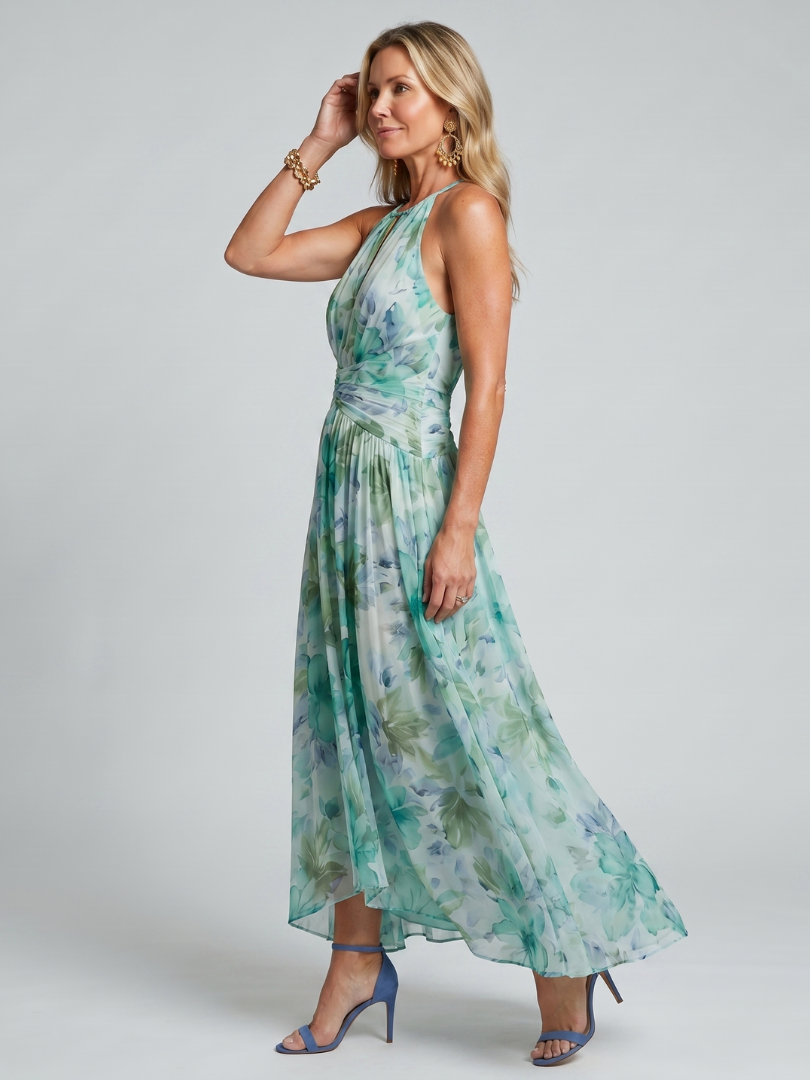 Vestido midi plisado de estampado floral con cuello halter y detalle de gota