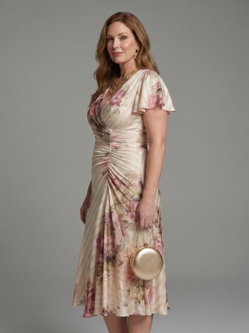 Floral Stripe Print Wrap Midi Dress with Flutter Sleeves