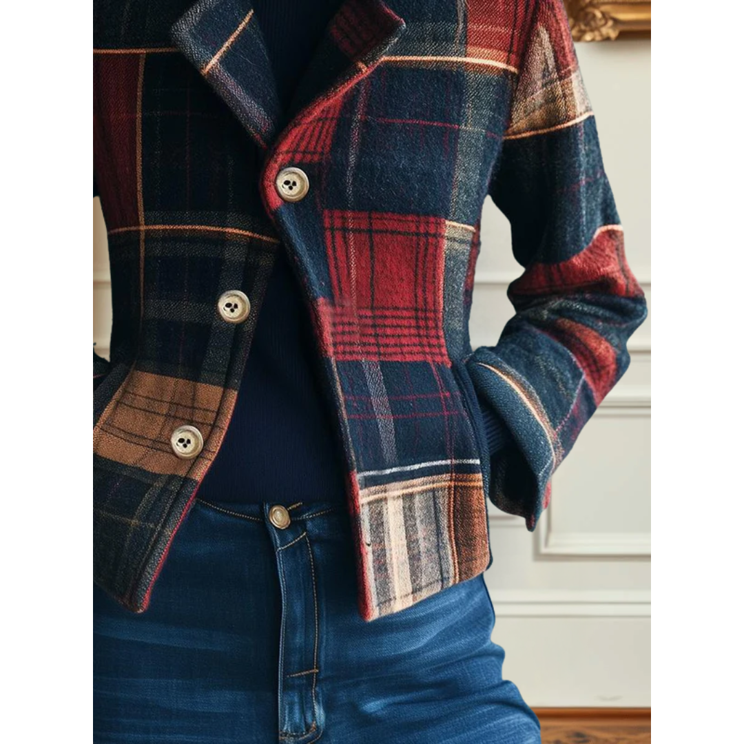 Plaid Jacket with Stand Collar and Button Front