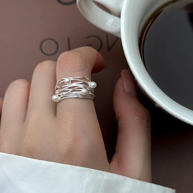 Slim Wrap Ring with Faux Pearl Bead in Silver Colour