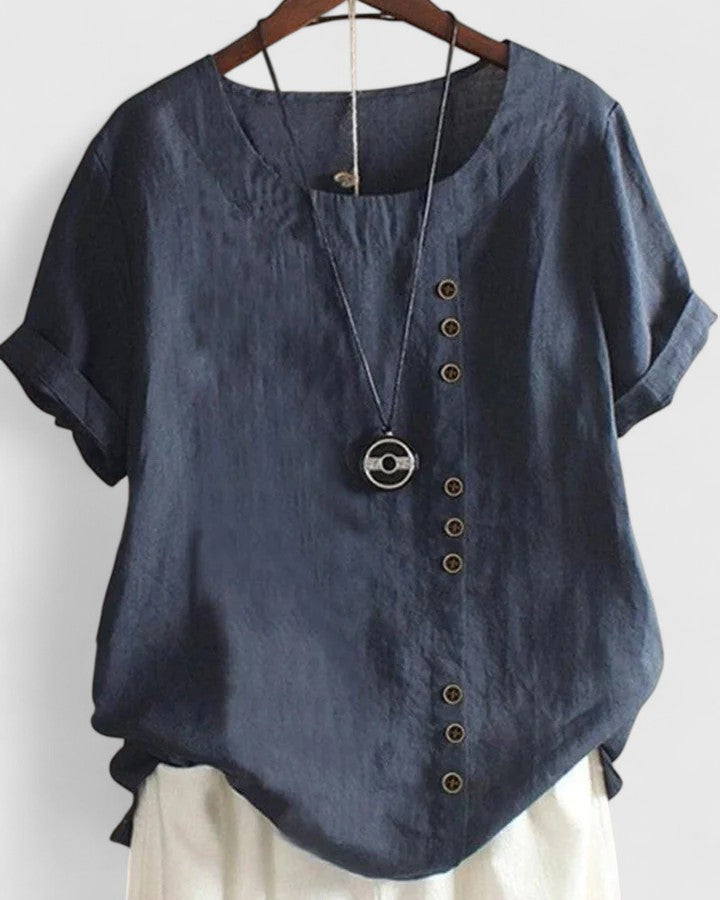 Short Sleeve Button Down Blouse with Round Neckline