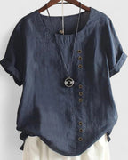 Short Sleeve Button Down Blouse with Round Neckline