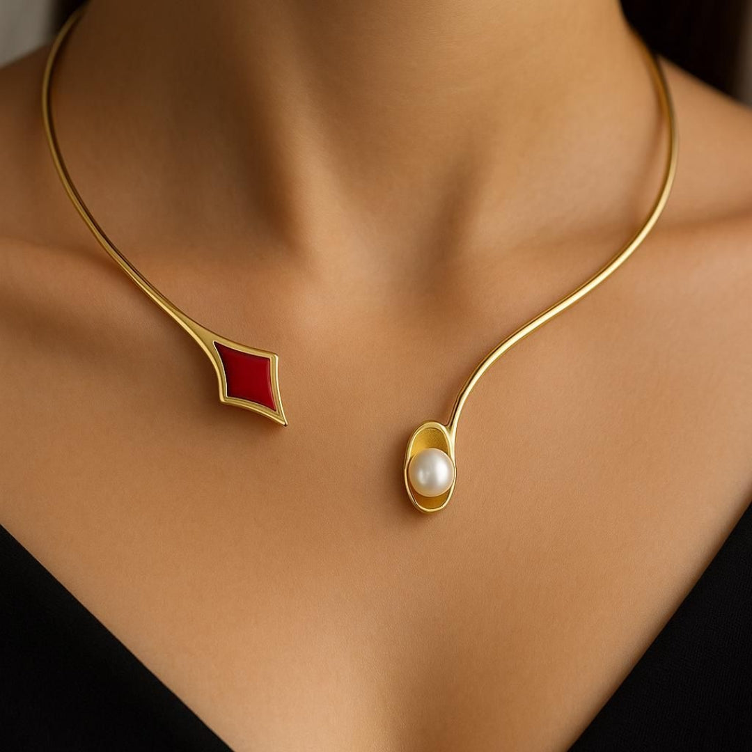 Minimal Faux Pearl Open Collar Necklace with Modern Shape