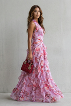 Floral Halter Maxi Dress with an Elegant Layered Detail